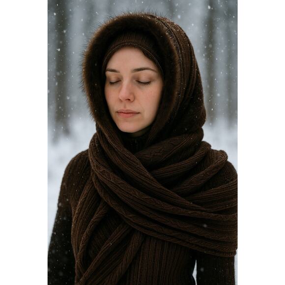 Vintage Brown Knit Hooded Scarf Snood Wrap w/ Faux Fur Trim Winter Cozy - Picture 1 of 6